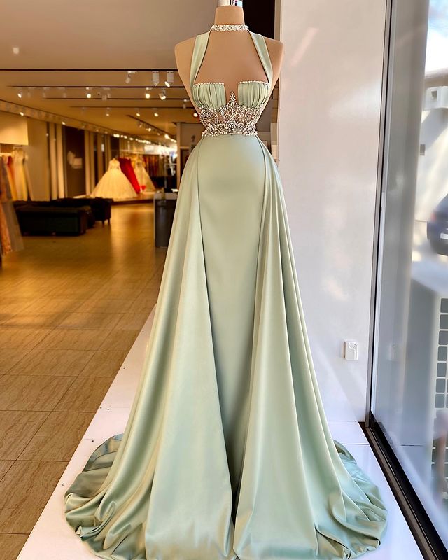 Elegant Straps Square Sage Green Mermaid Evening Dress With Beads