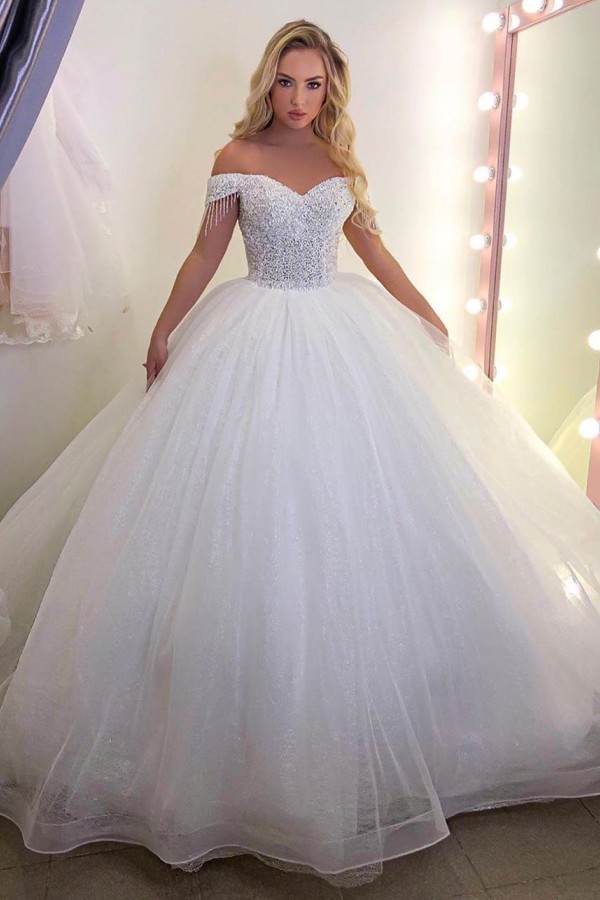 Pretty Princess Off-the-Shoulder Long Wedding Dress with Tulle
