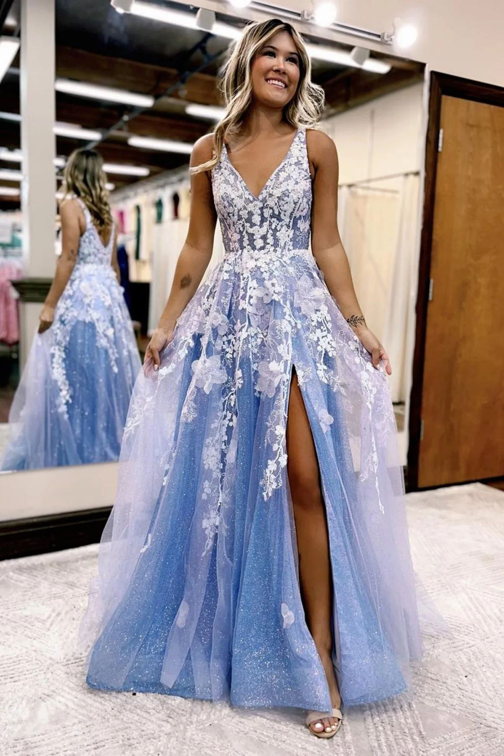 Blue Long Prom Dress with Appliques in a Deep V Neck A-Line Style