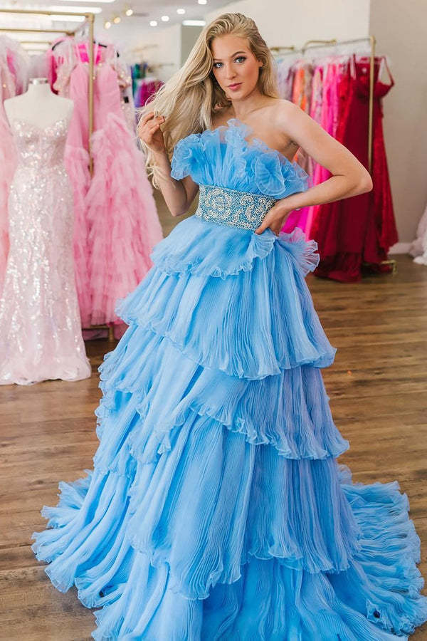 Stylish Strapless Blue A-Line Prom Dress with Beading