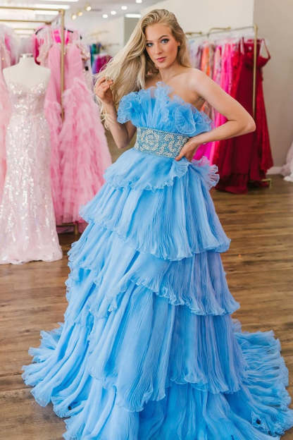 Stylish Strapless Blue A-Line Prom Dress with Beading