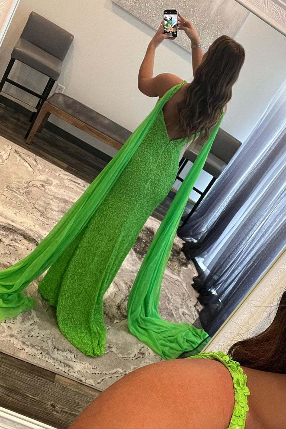 Long Orange Prom Dress with Watteau Train and Sequins