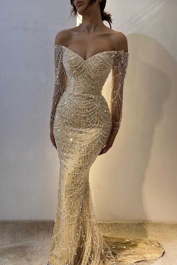 Champagne Luxurious Strapless Beaded Mermaid Prom Dress With Long Sleeves