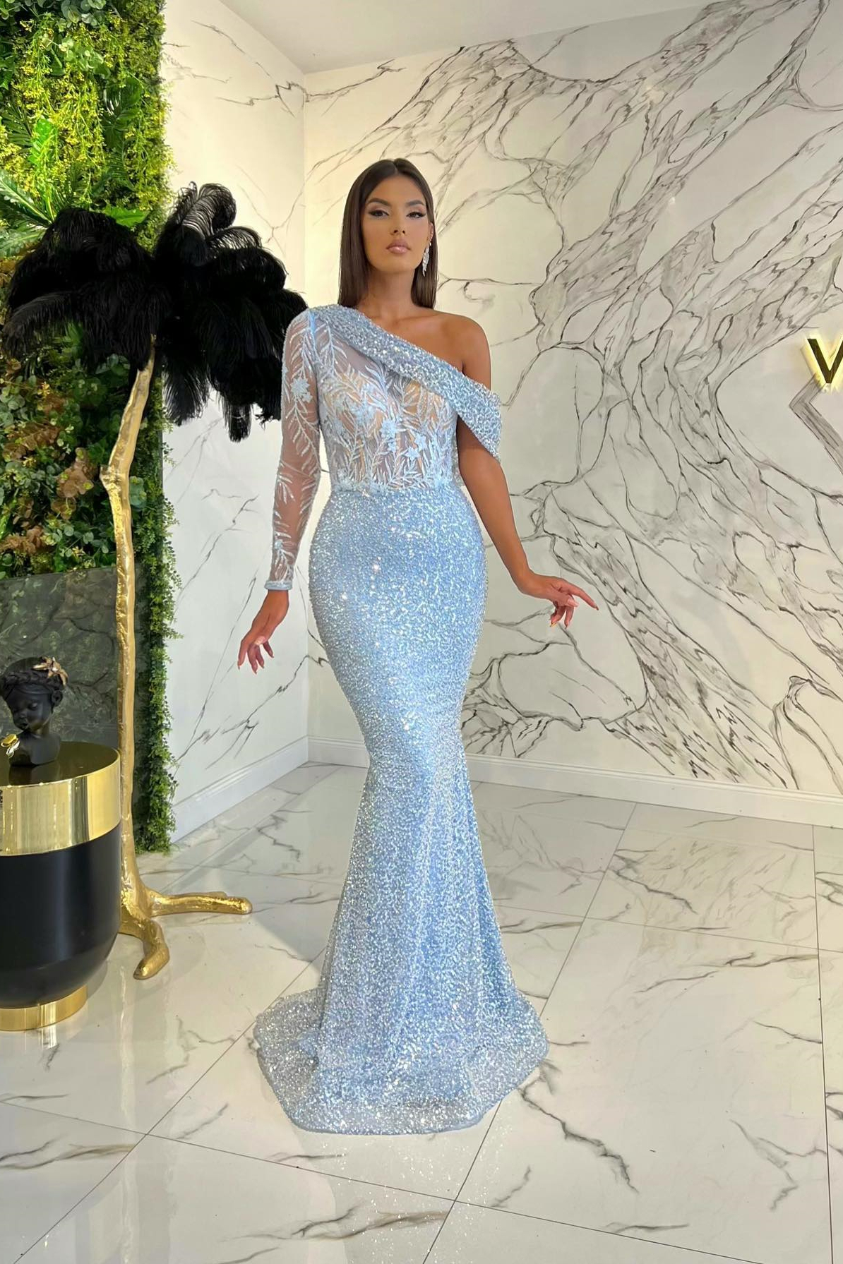 Amazing One Shoulder Long Sleeve Evening Dress Mermaid Sequins