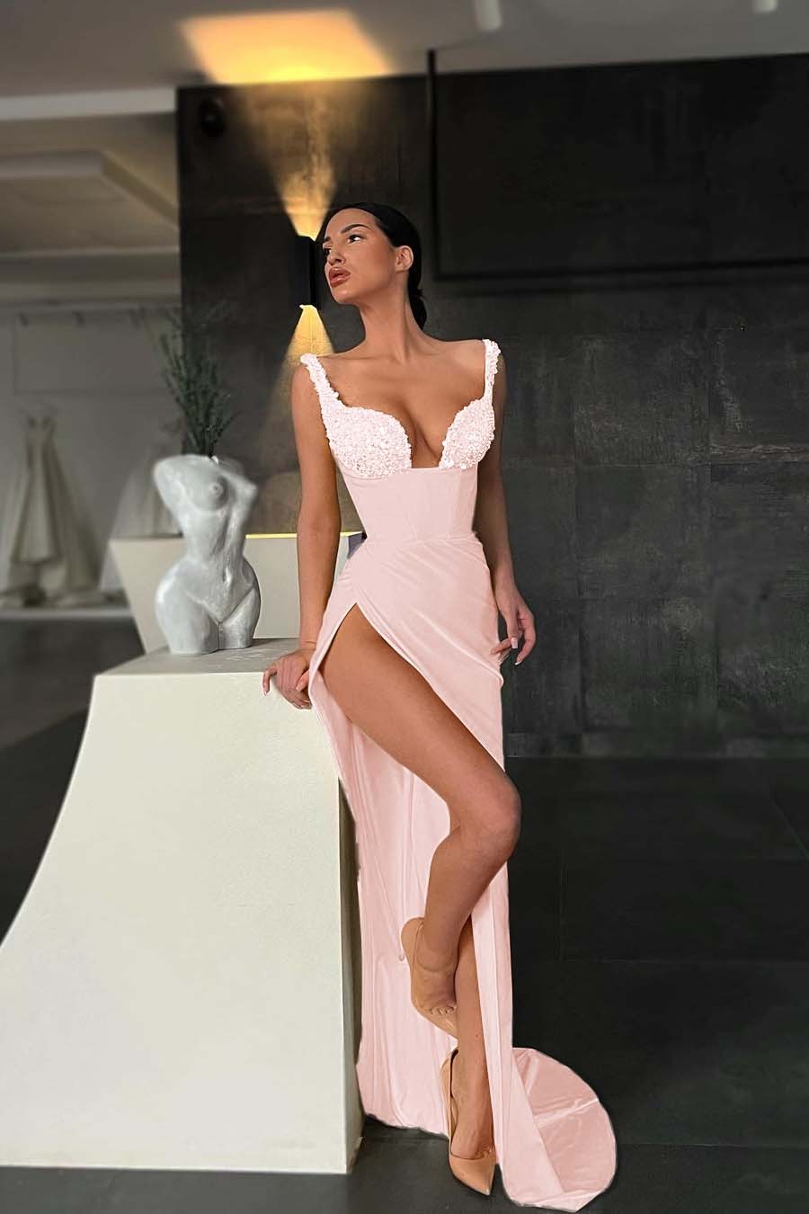 Sequined Strappy Mermaid Yellow Prom Dress Featuring a Slit
