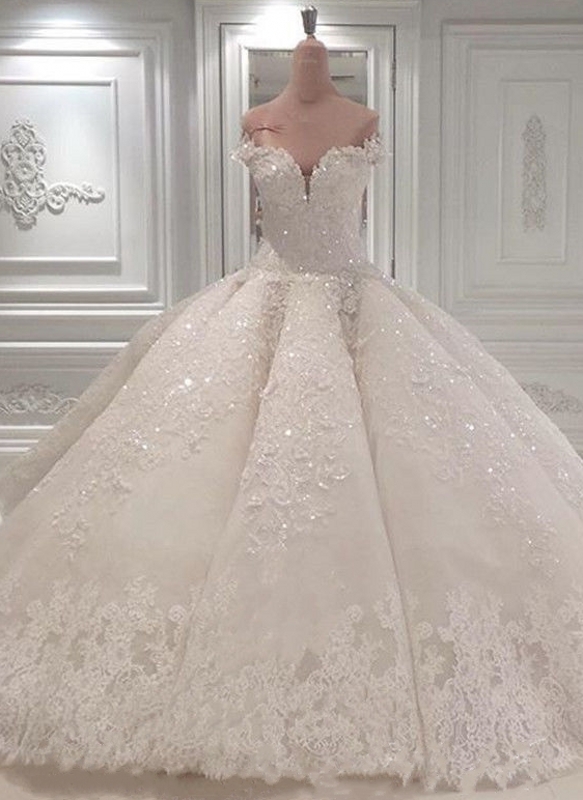 Beautiful Ball Gown Off-the-Shoulder Wedding Dress with Beadings Appliques