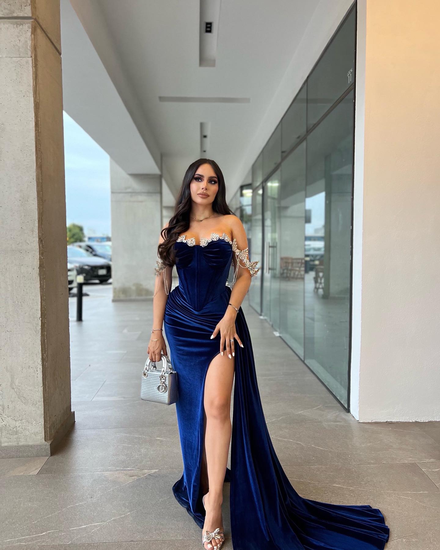 Strapless Velvet Elegant Split Prom Dress