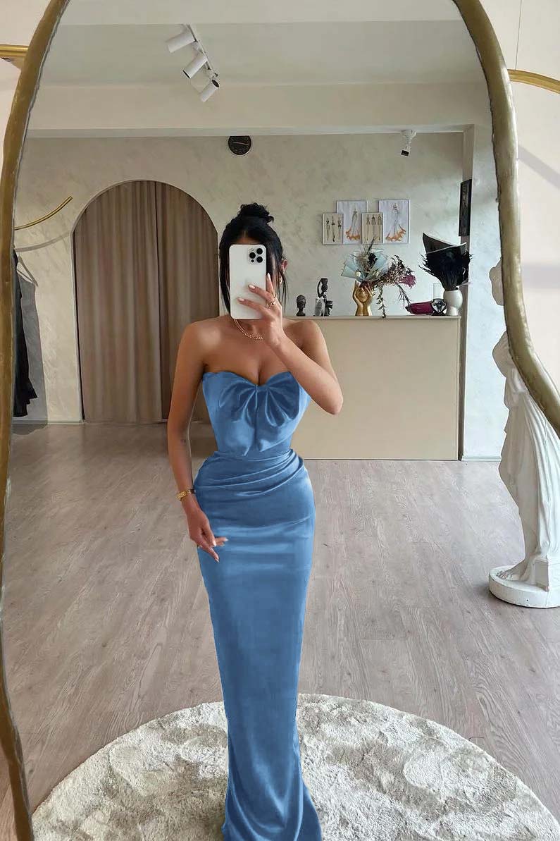 Strapless Sleeveless Long Mermaid Formal Dress With Bowknot Pleated