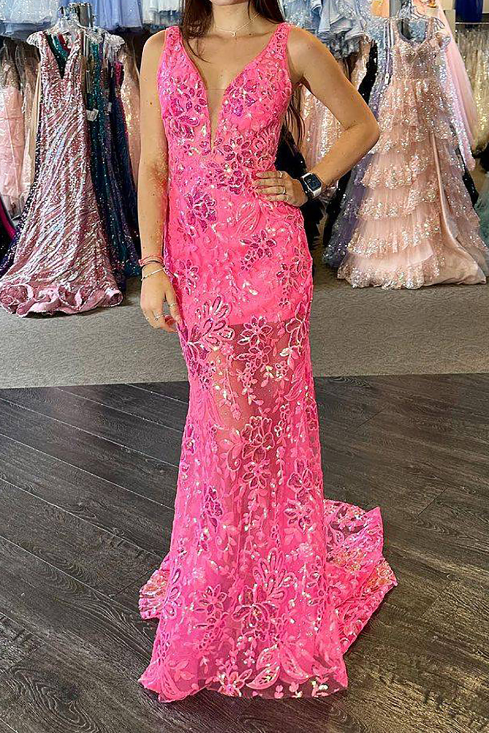 Elegant Fuchsia Mermaid Gown with Deep V Neckline and Open Back