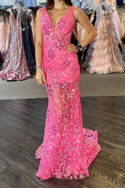 Elegant Fuchsia Mermaid Gown with Deep V Neckline and Open Back