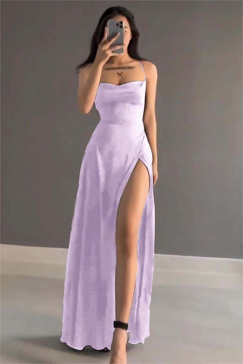 Simple Black Stain Spaghetti Strap Sleeveless Long Formal Dress With Split
