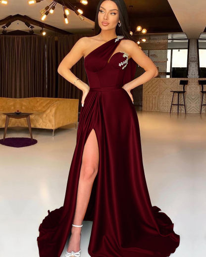 Dark Green Split One-Shoulder Evening Dress Mermaid With Beadings