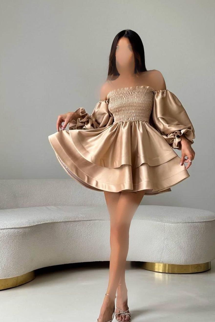 Charming Gold Satin Bubble Long Sleeves Strapless High Waist Short Prom Dress with Ruffles