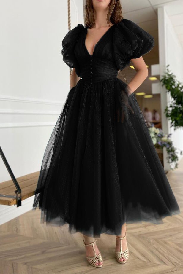 Dark Green Evening Dress A-Line With Short Sleeves V-Neck
