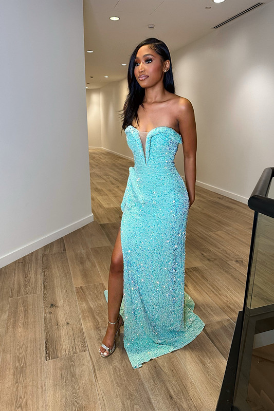 Exquisited Blue Sequins Sweetheart Sleeveless Mermaid Formal Dress with Split