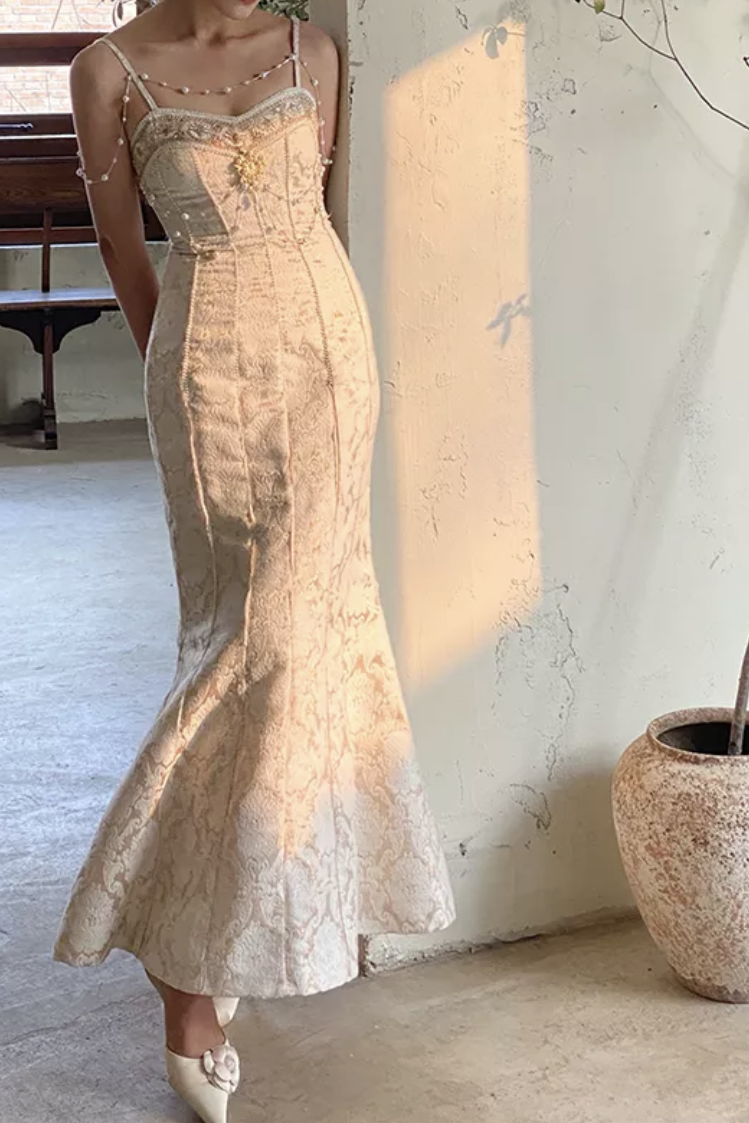 Sweetheart Spaghetti Strap Embroidery Champagne Pearl Mermaid Formal Dress