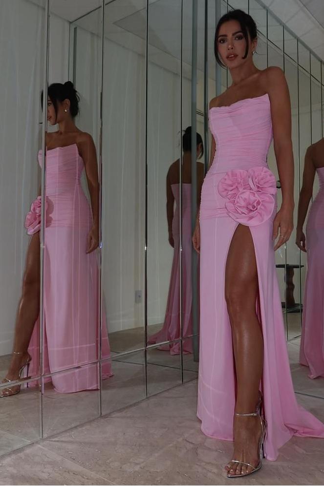 Strapless Sleeveless Long Formal Dress With High Split Pleaded