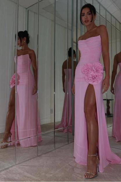 Strapless Sleeveless Long Formal Dress With High Split Pleaded