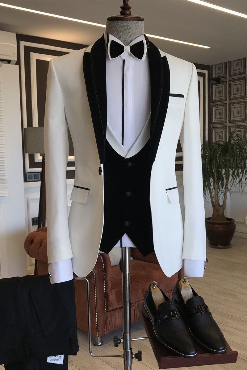 Slim Fit Hardy Black White Shawl Lapel Wedding Tuxedos