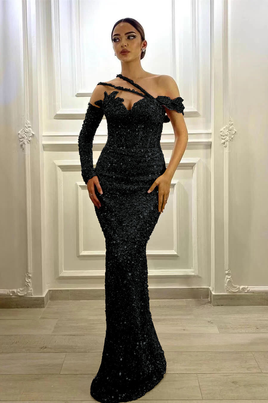 Gorgeous Long Sleeves One Shoulder Lavender Formal Dress Mermaid With Sequins