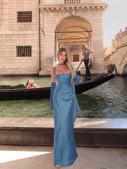Spaghetti Strap Sleeveless Long Mermaid Formal Dress With Gloves