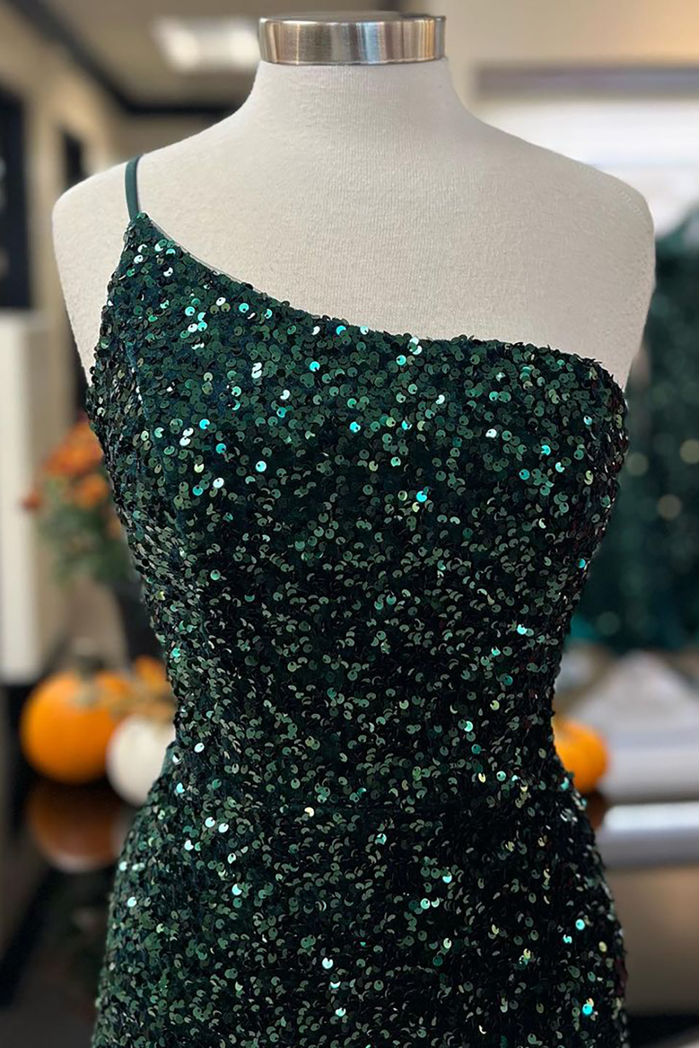 Long Dark Green Sparkly Prom Dress with One Shoulder and Front Split in Sequins