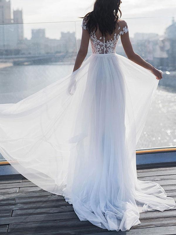 Short Sleeves Appliques Wedding Dress with Split