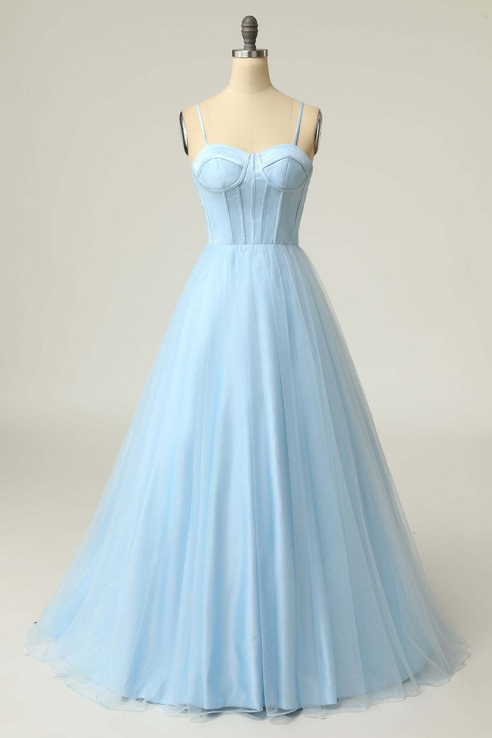 Light purple long prom dress with spaghetti straps in an A-line cut