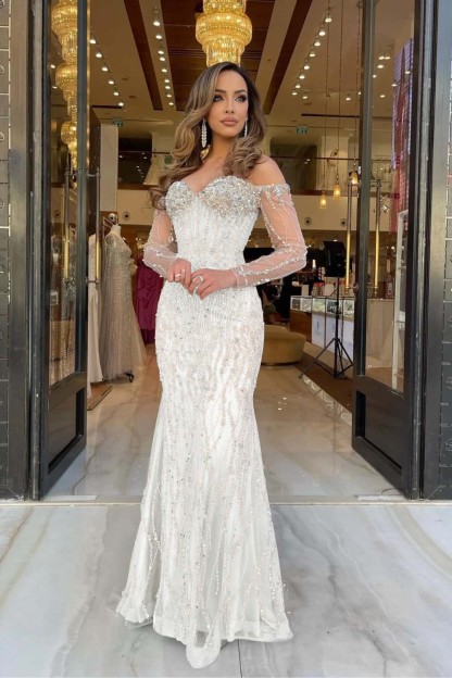 Heavy Formal Dress Sweetheart Long Sleeves Strapless Beading Long Tulle