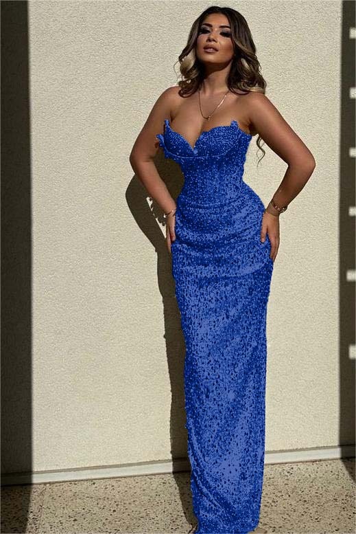 Chic Sequins Strapless Sleeveless High Waist Long Formal Dress With Beadings