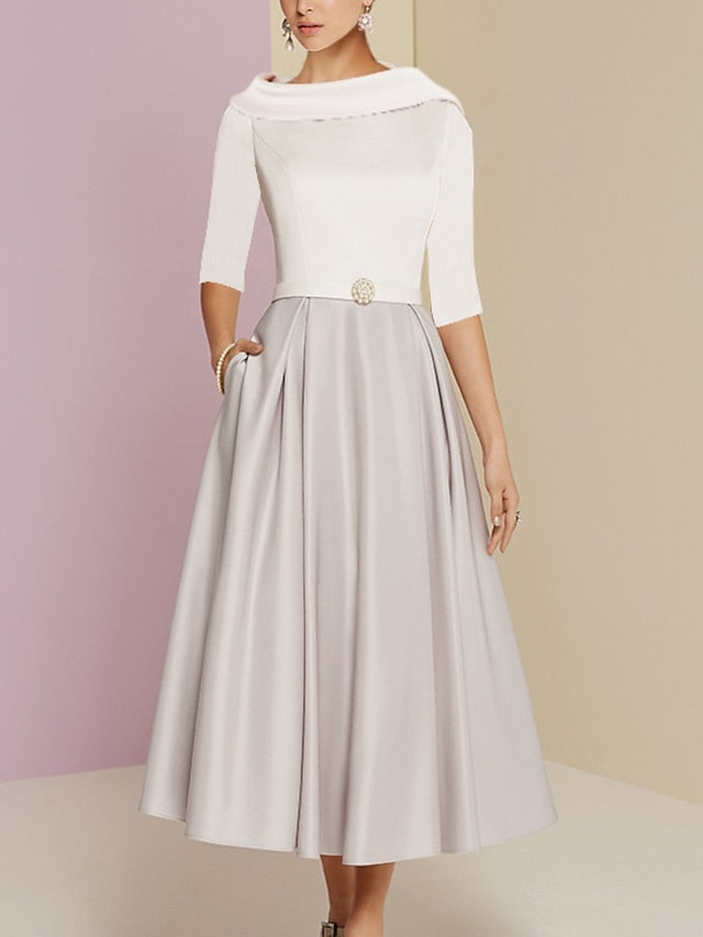 Tea-Length Mother of the Bride A-Line Dress with Jewel Neckline Half Sleeves Pleats and Pockets