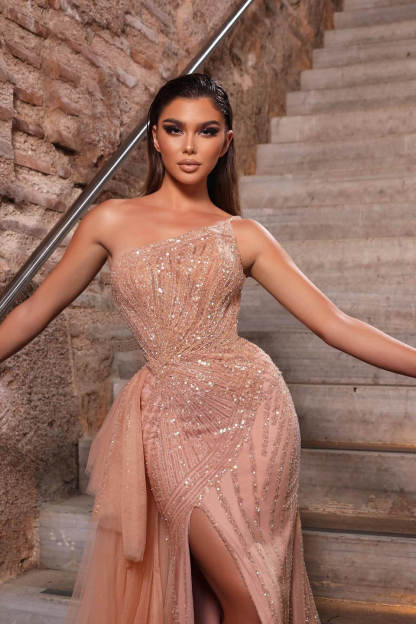 Dusty Pink One Shoulder Mermaid Formal Dress Split With Tulle Ruffle