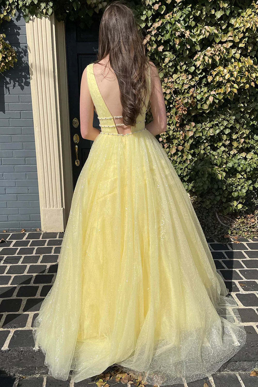 Long Yellow Beaded A-Line Prom Dress with Glitter Tulle