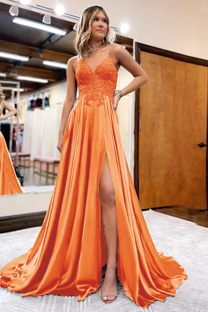 Prom Dress in Dark Green Satin with A-Line Silhouette and Appliques Featuring a Slit
