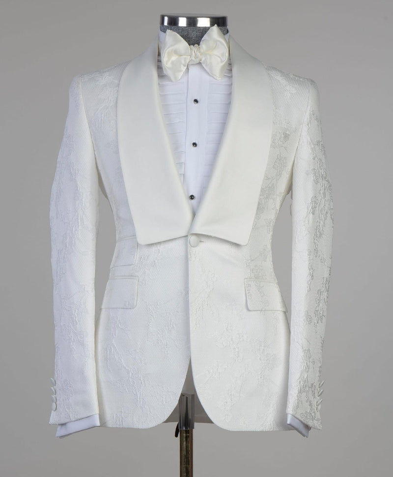 Latest Design White Jacquard One-Button Wedding Suits with Shawl Lapel