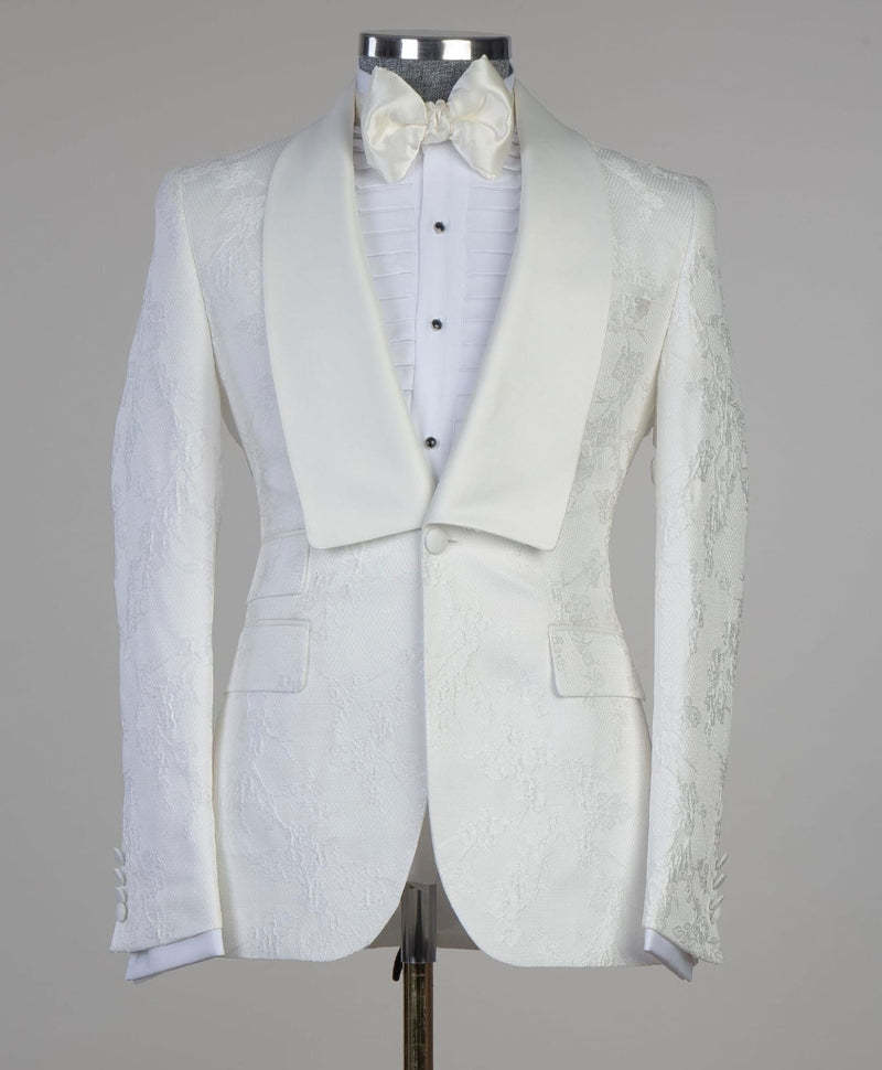 Latest Design White Jacquard One-Button Wedding Suits with Shawl Lapel