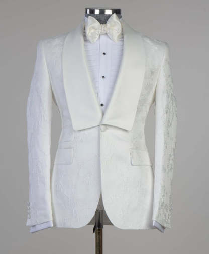 Latest Design White Jacquard One-Button Wedding Suits with Shawl Lapel