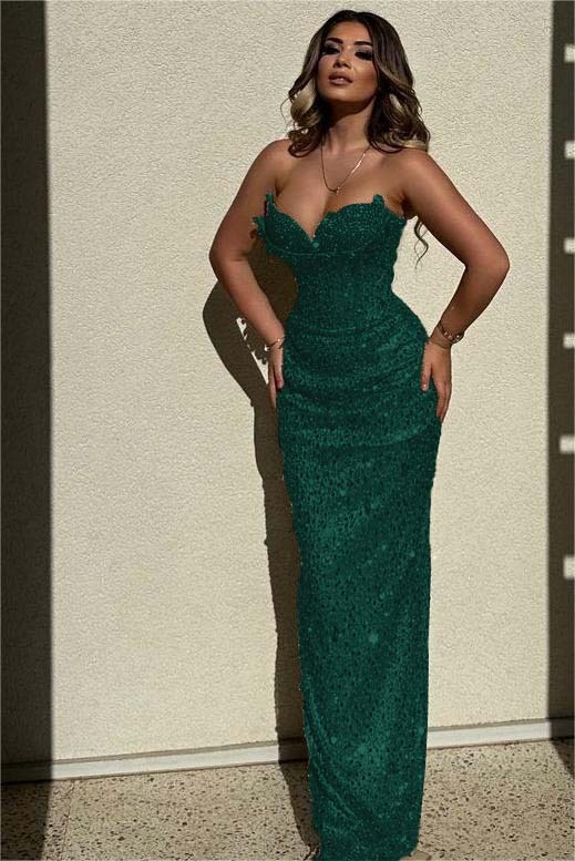 Chic Sequins Strapless Sleeveless High Waist Long Formal Dress With Beadings