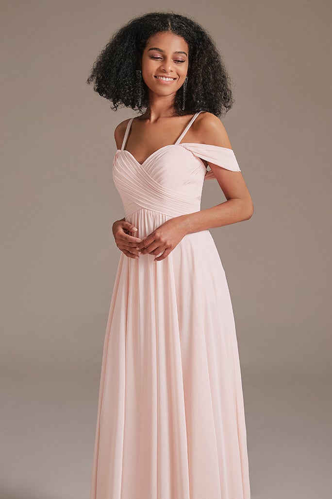 Blushing Pink Chiffon Off-the-Shoulder Bridesmaid Dress