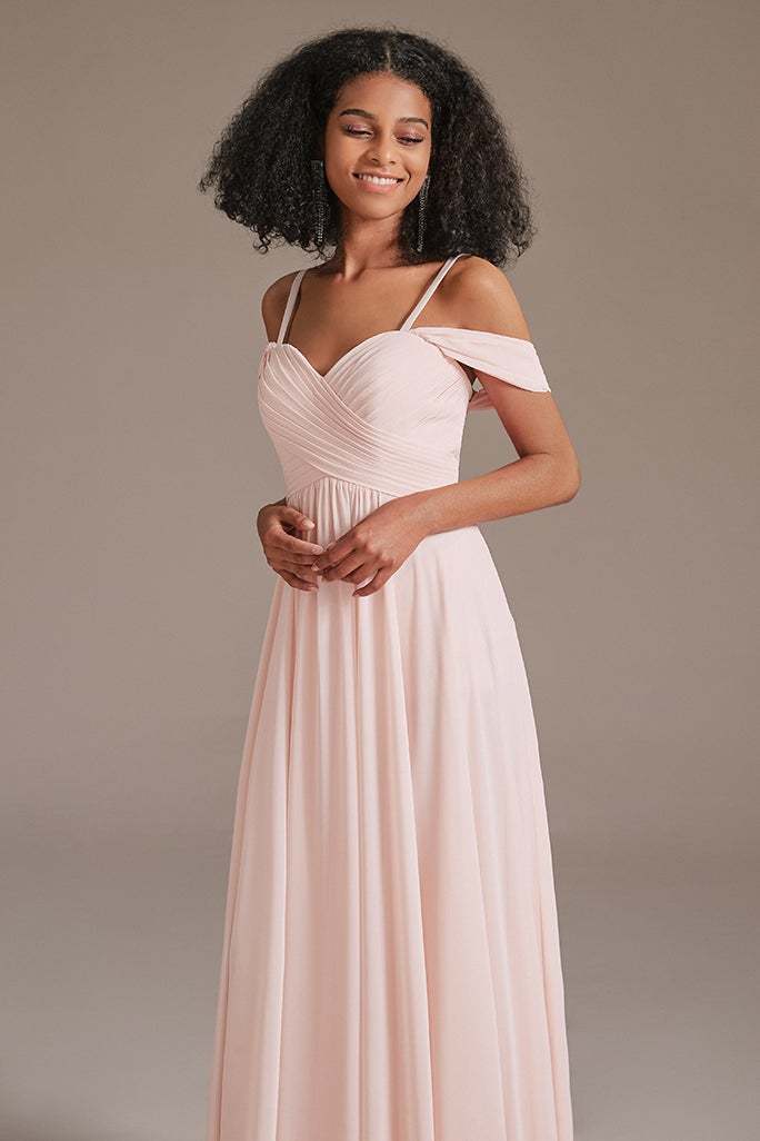 Blushing Pink Chiffon Off-the-Shoulder Bridesmaid Dress