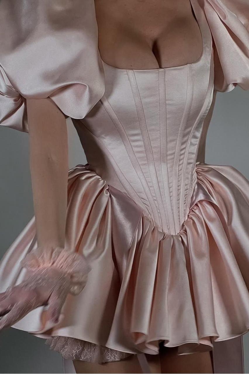 Amazing Pink Satin Square Neck Puff Sleeves Slim Short Prom Dress with Ruffles