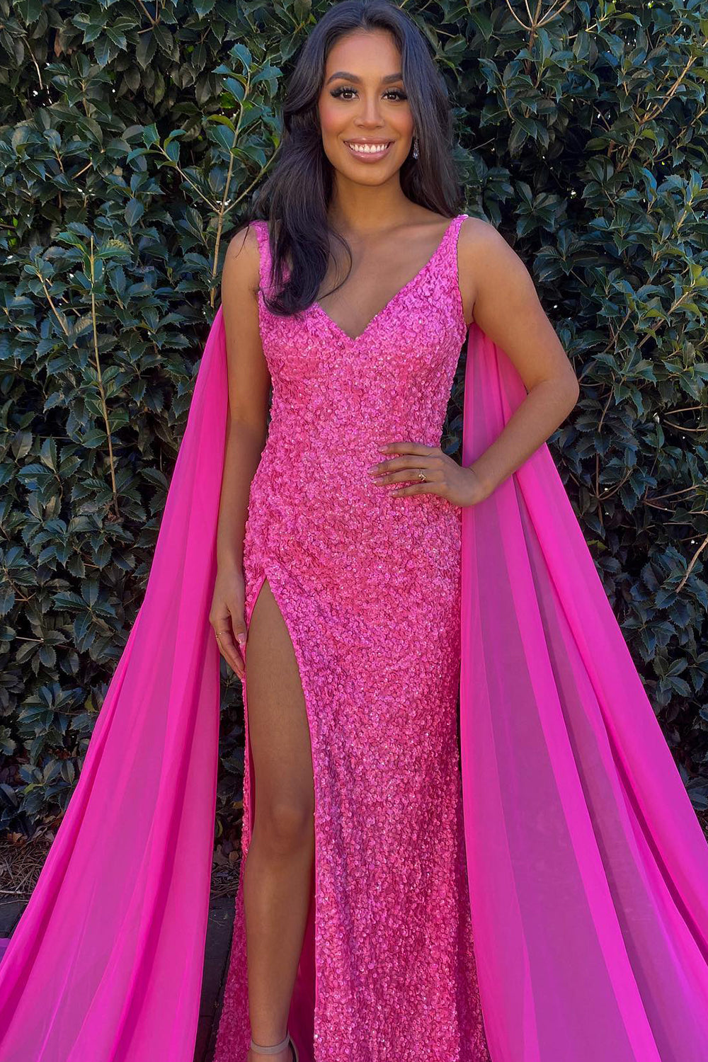 Long Orange Prom Dress with Watteau Train and Sequins
