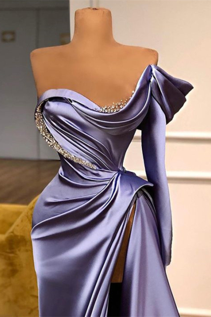Purple Long Sleeves One-Shoulder Mermaid Beadings Evening Dress Split