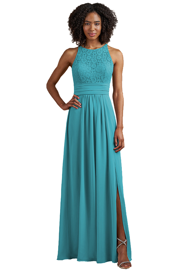 Sleeveless Halter Lace Bridesmaid Dress with Split