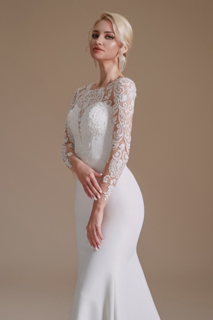 Romantic Mermaid Jewel Satin Lace Long Wedding Dress with Sleeves