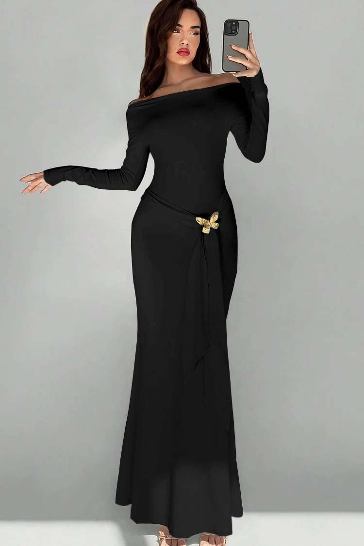 Off the Shoulder Long Sleeves Long Mermaid Formal Dress With Appliques