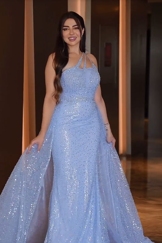 Amazing Sequins One Shoulder Sleeveless Long Prom Dress With Beadings