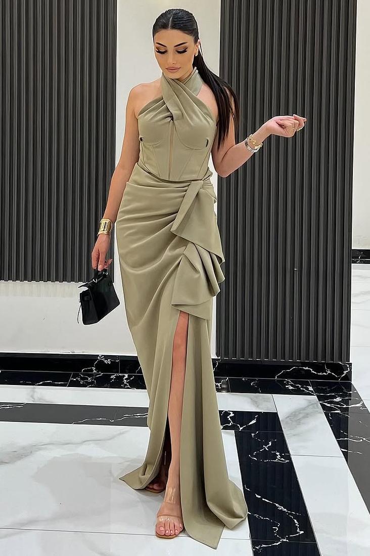 Halter Sleeveless Long Mermaid Formal Dress With Split Pleated