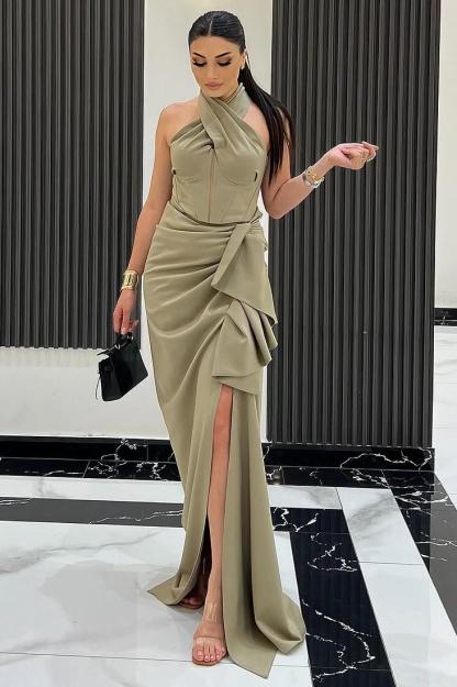 Halter Sleeveless Long Mermaid Formal Dress With Split Pleated