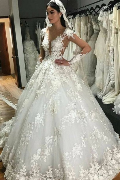 Modest Backless Floor-Length Princess Bateau Long Sleeves Wedding Dress Appliques Lace Ruffles